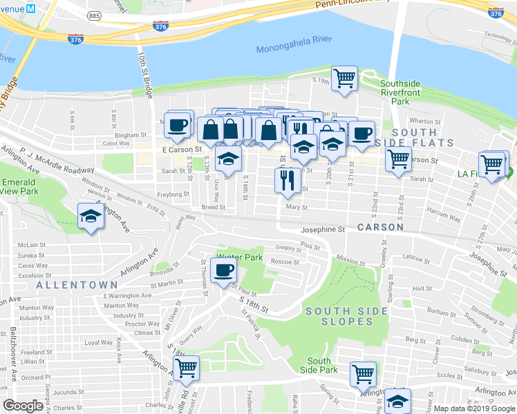 map of restaurants, bars, coffee shops, grocery stores, and more near 1717 Harcum Way in Pittsburgh