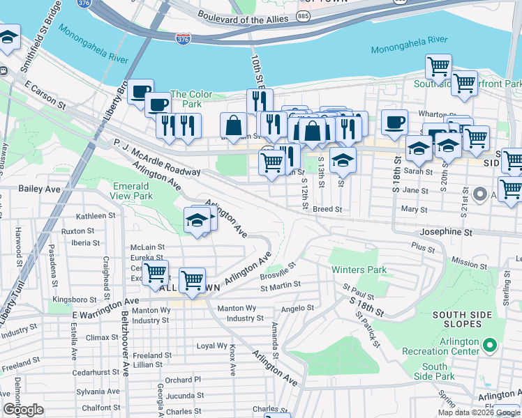 map of restaurants, bars, coffee shops, grocery stores, and more near 938 Pretense Way in Pittsburgh