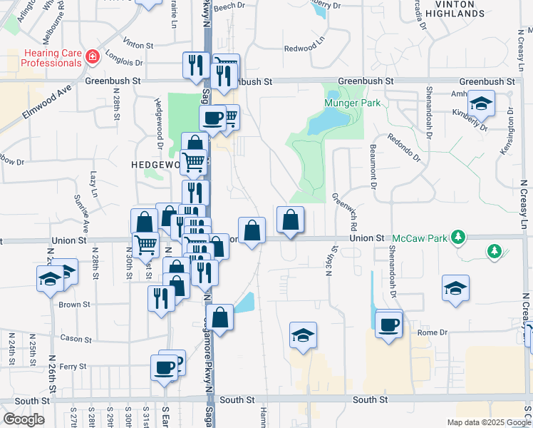 map of restaurants, bars, coffee shops, grocery stores, and more near 844 Willow Drive in Lafayette