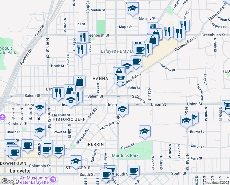 map of restaurants, bars, coffee shops, grocery stores, and more near 1801 Elmwood Ave in Lafayette
