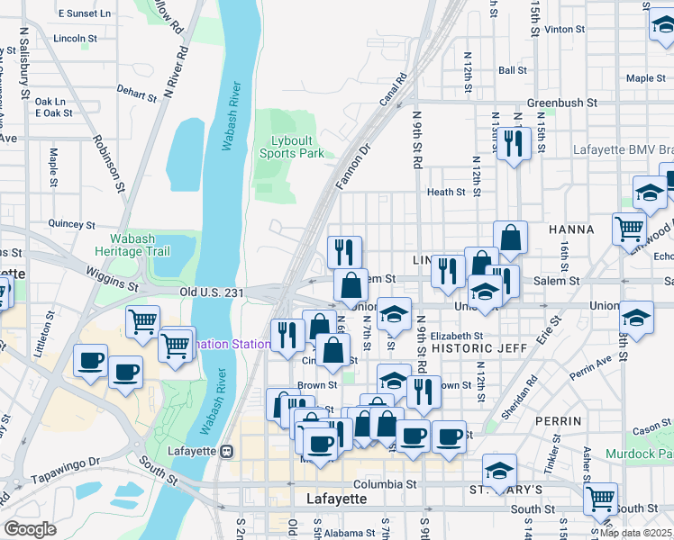 map of restaurants, bars, coffee shops, grocery stores, and more near 915 North 6th Street in Lafayette