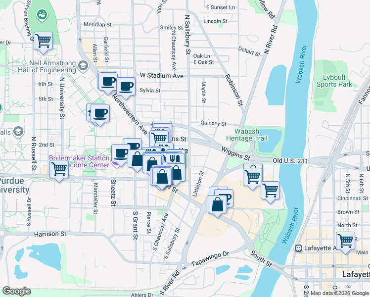map of restaurants, bars, coffee shops, grocery stores, and more near in West Lafayette