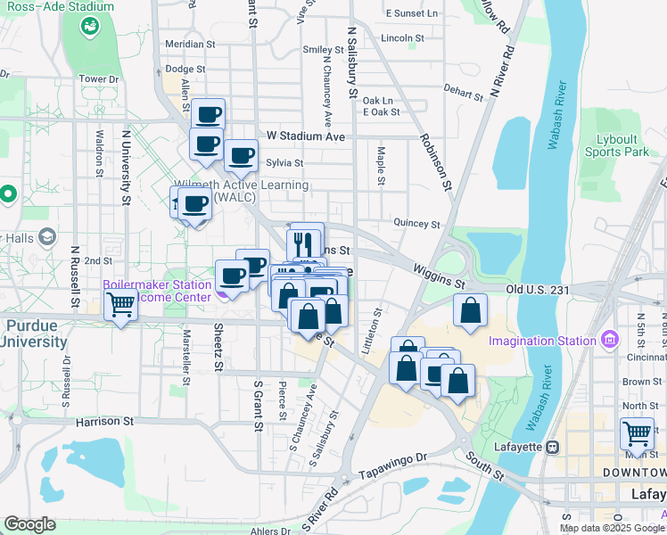 map of restaurants, bars, coffee shops, grocery stores, and more near 323 North Chauncey Avenue in West Lafayette