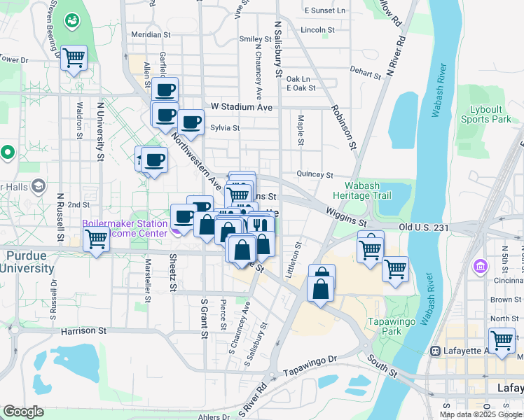 map of restaurants, bars, coffee shops, grocery stores, and more near 201 Wiggins Street in West Lafayette