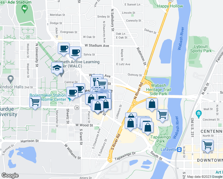 map of restaurants, bars, coffee shops, grocery stores, and more near 305 North Salisbury Street in West Lafayette