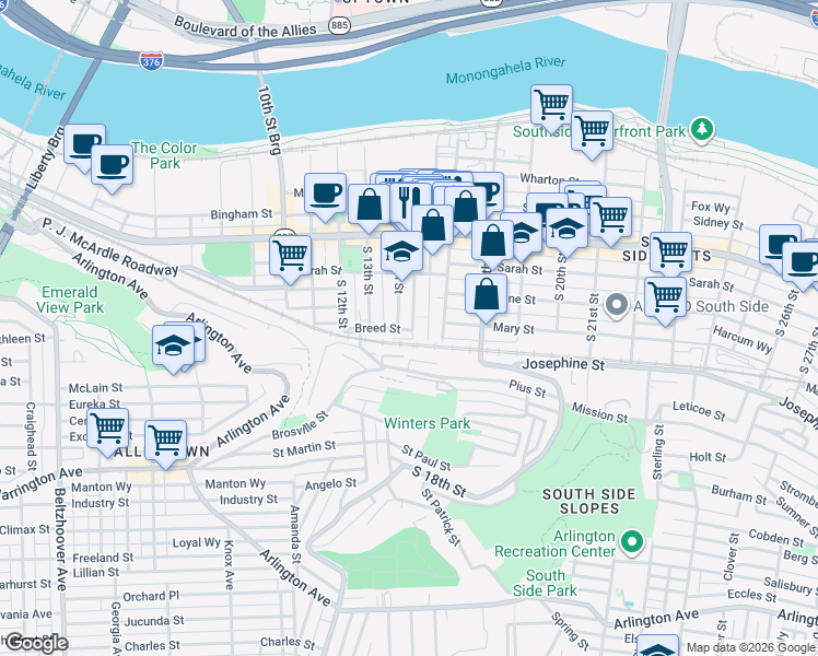 map of restaurants, bars, coffee shops, grocery stores, and more near 166 South 16th Street in Pittsburgh