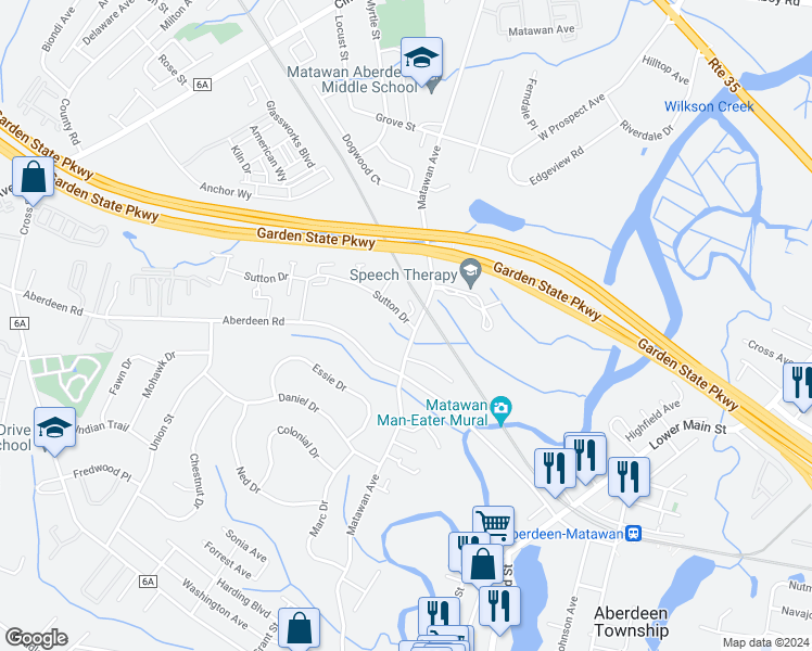 map of restaurants, bars, coffee shops, grocery stores, and more near 3 Sutton Drive in Matawan