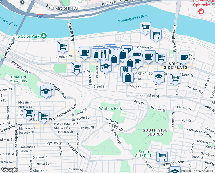 map of restaurants, bars, coffee shops, grocery stores, and more near 166 South 16th Street in Pittsburgh