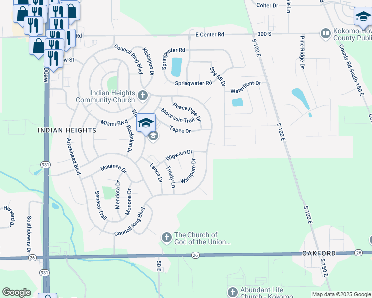 map of restaurants, bars, coffee shops, grocery stores, and more near 1212 Wigwam Drive in Kokomo