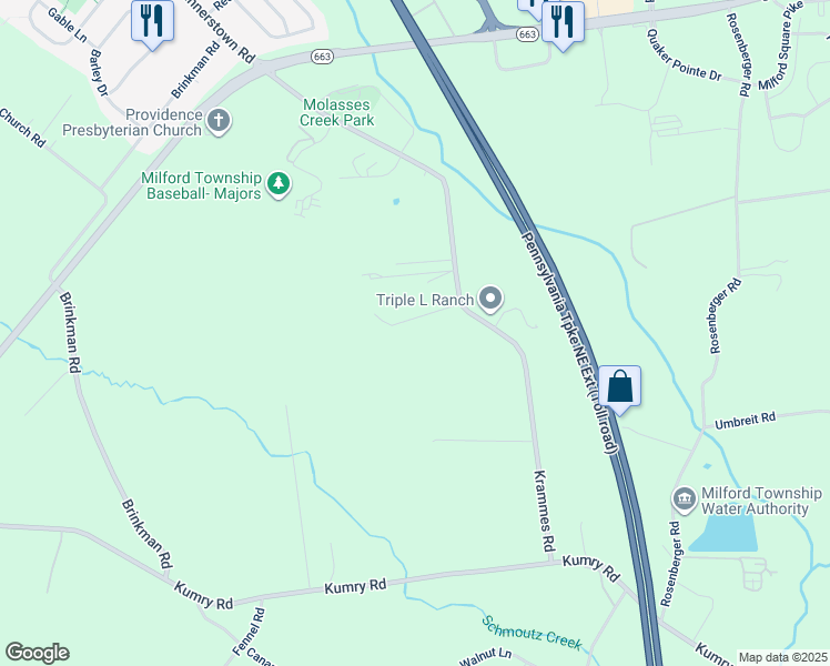 map of restaurants, bars, coffee shops, grocery stores, and more near 1980 Krammes Road in Quakertown