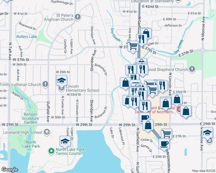 map of restaurants, bars, coffee shops, grocery stores, and more near 3323 Butternut Drive in Loveland