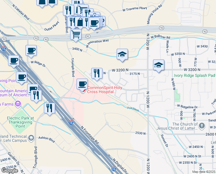 map of restaurants, bars, coffee shops, grocery stores, and more near 1574 WestBury Way in Lehi