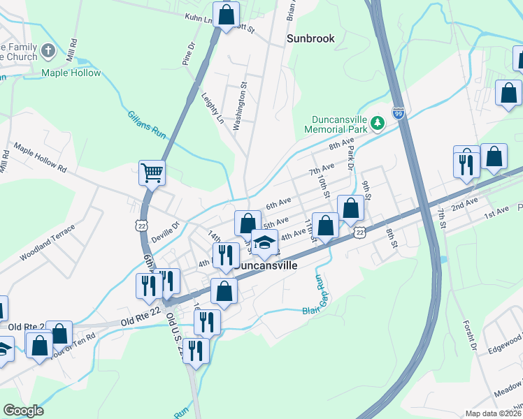 map of restaurants, bars, coffee shops, grocery stores, and more near 6th Avenue in Duncansville