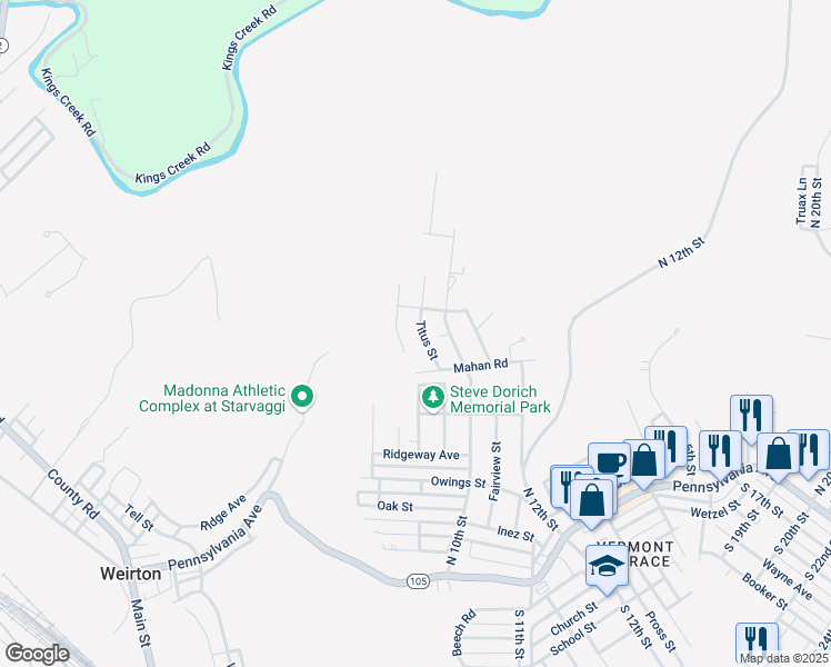 map of restaurants, bars, coffee shops, grocery stores, and more near 541 Titus Street in Weirton
