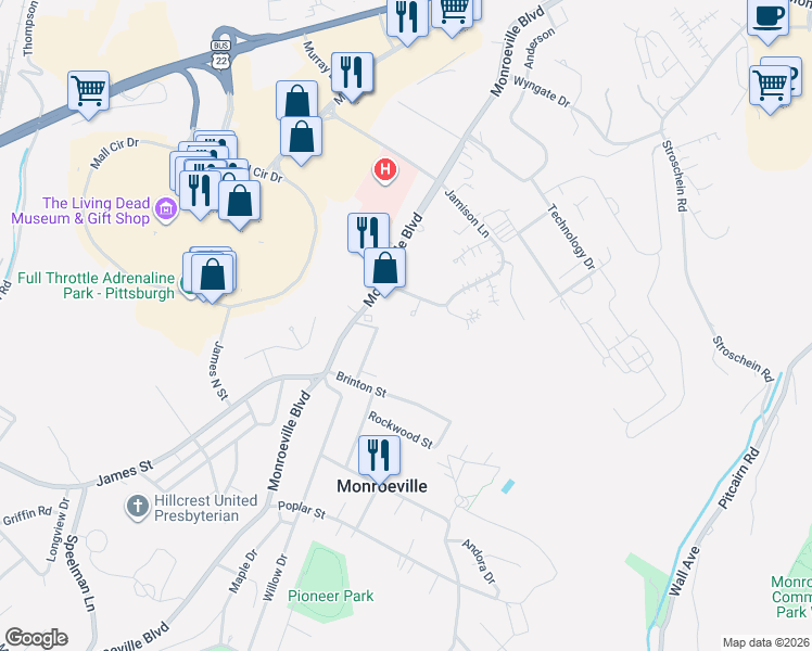 map of restaurants, bars, coffee shops, grocery stores, and more near 161 Jamison Lane in Monroeville