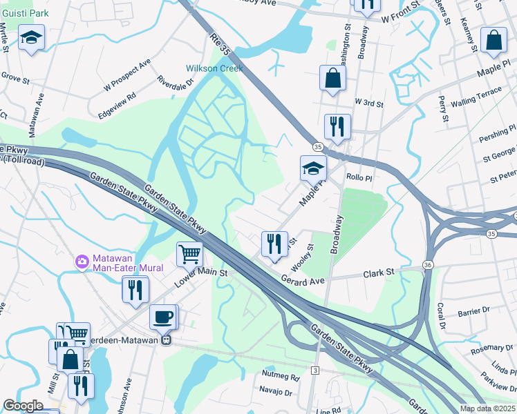 map of restaurants, bars, coffee shops, grocery stores, and more near 25 Oakshades Avenue in Aberdeen Township