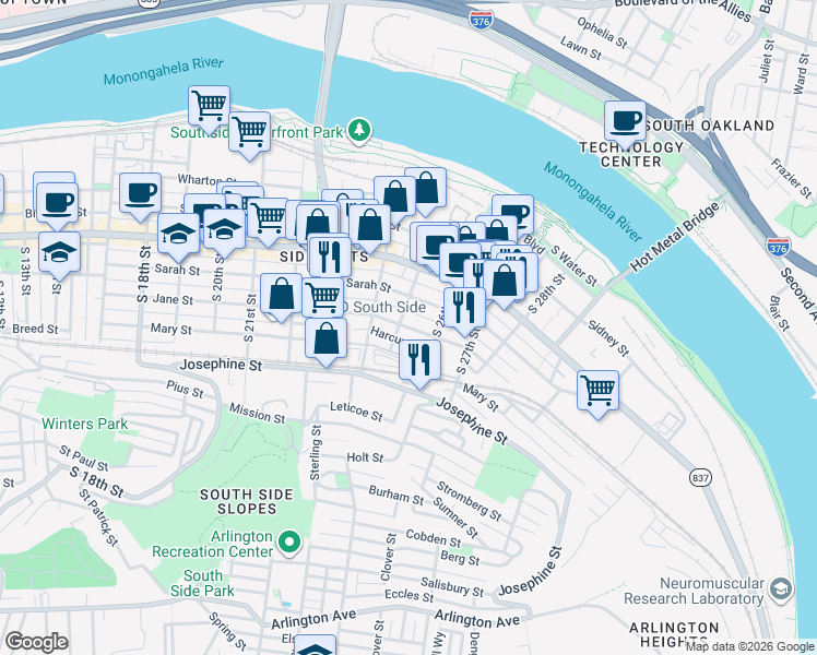 map of restaurants, bars, coffee shops, grocery stores, and more near Jane Street in Pittsburgh