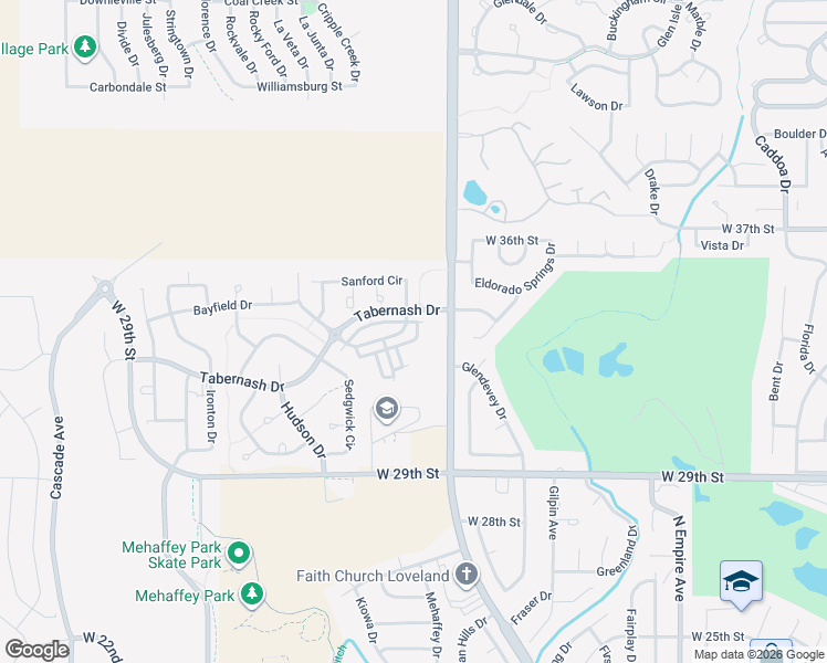map of restaurants, bars, coffee shops, grocery stores, and more near 2880 Tabernash Drive in Loveland