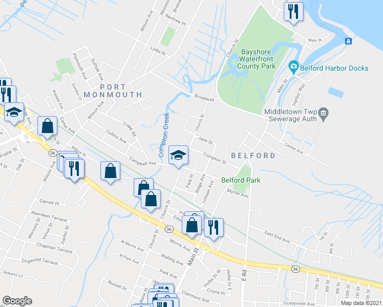 map of restaurants, bars, coffee shops, grocery stores, and more near 138 Church Street in Belford