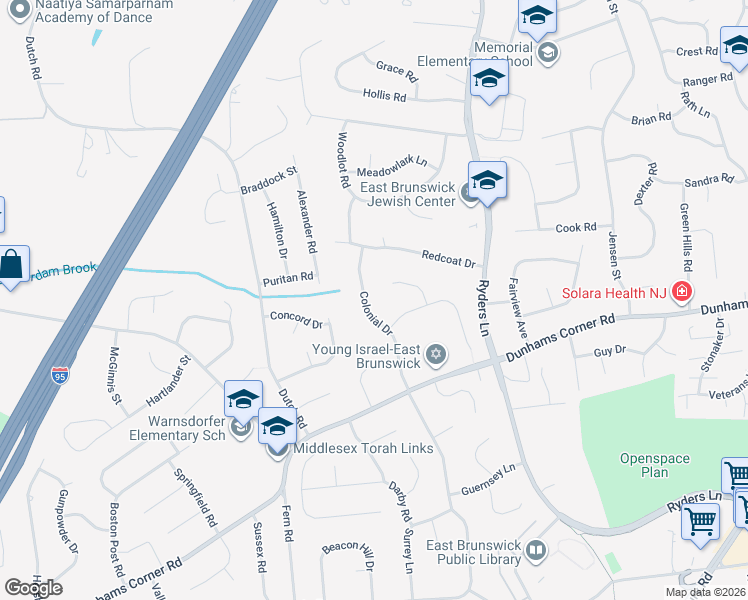 map of restaurants, bars, coffee shops, grocery stores, and more near 13 Bristol Court in East Brunswick