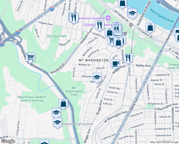 map of restaurants, bars, coffee shops, grocery stores, and more near 517 Natchez Street in Pittsburgh