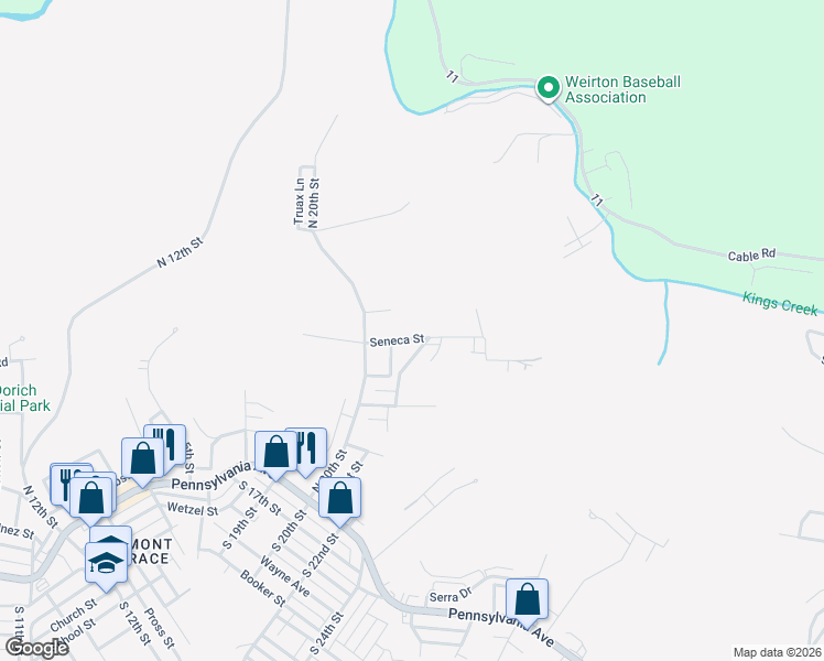 map of restaurants, bars, coffee shops, grocery stores, and more near 117 Seneca Street in Weirton