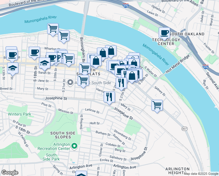 map of restaurants, bars, coffee shops, grocery stores, and more near 2519 Jane Street in Pittsburgh