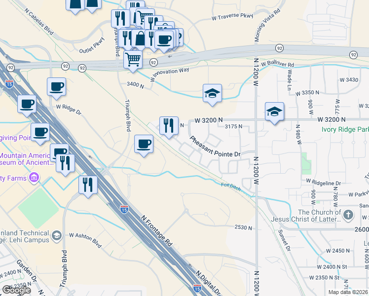 map of restaurants, bars, coffee shops, grocery stores, and more near 1574 WestBury Way in Lehi