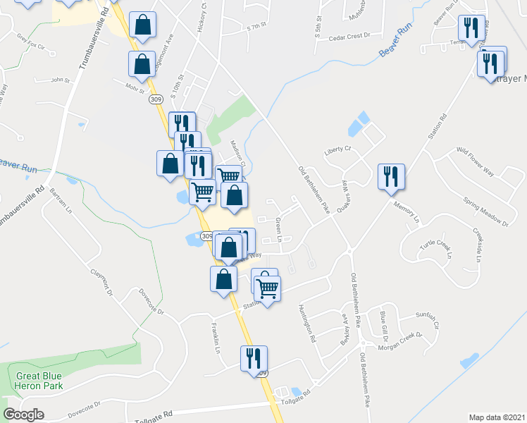 map of restaurants, bars, coffee shops, grocery stores, and more near 197 Crocus Court in Quakertown