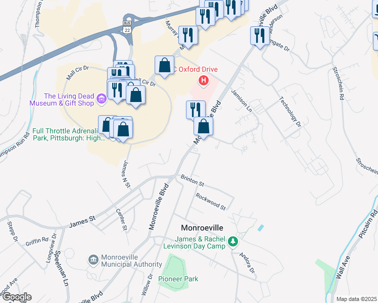 map of restaurants, bars, coffee shops, grocery stores, and more near 2505 Monroeville Boulevard in Monroeville