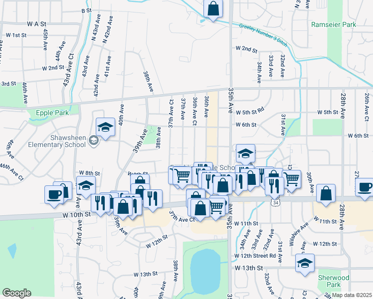 map of restaurants, bars, coffee shops, grocery stores, and more near in Greeley