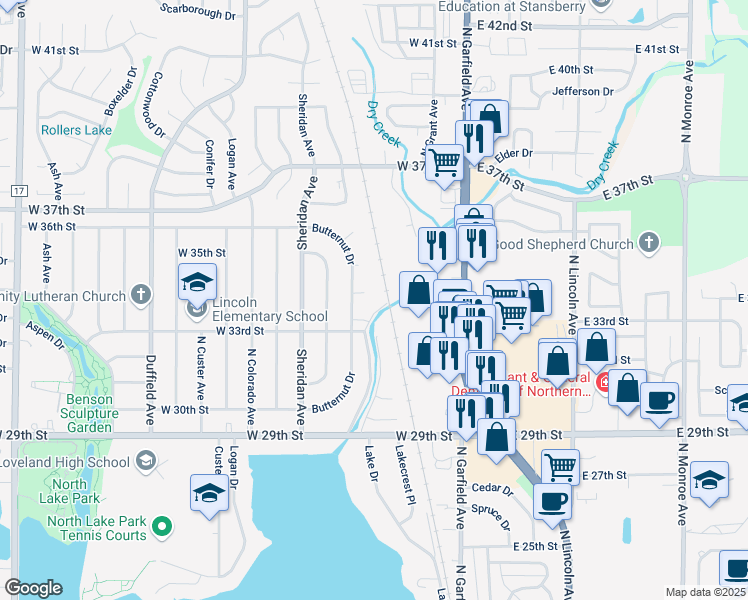 map of restaurants, bars, coffee shops, grocery stores, and more near 3402 Butternut Drive in Loveland
