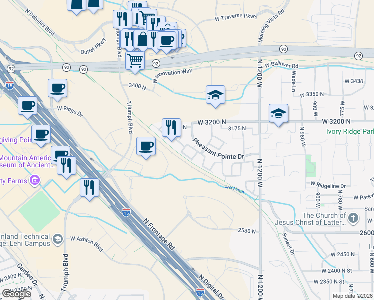 map of restaurants, bars, coffee shops, grocery stores, and more near 1574 WestBury Way in Lehi