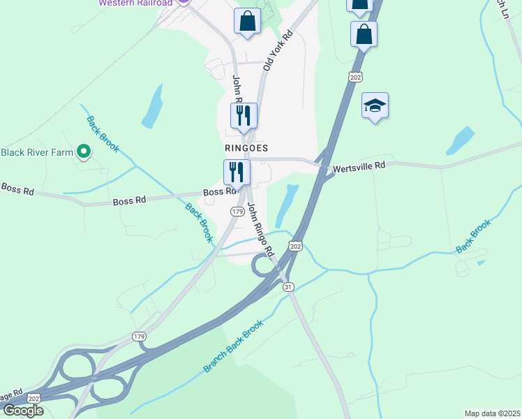 map of restaurants, bars, coffee shops, grocery stores, and more near 16 County Road 579 in East Amwell Township