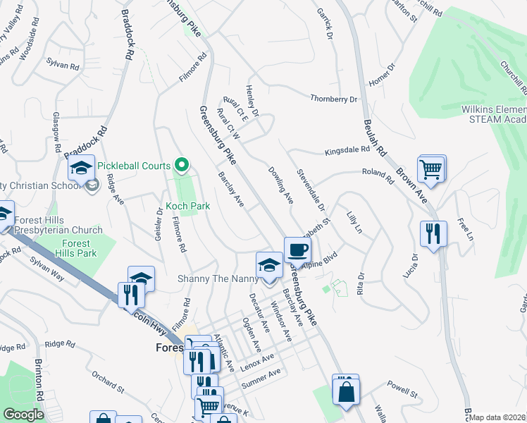 map of restaurants, bars, coffee shops, grocery stores, and more near 4005 Greensburg Pike in Pittsburgh