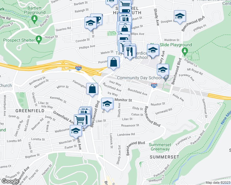 map of restaurants, bars, coffee shops, grocery stores, and more near 5861 Burchfield Avenue in Pittsburgh