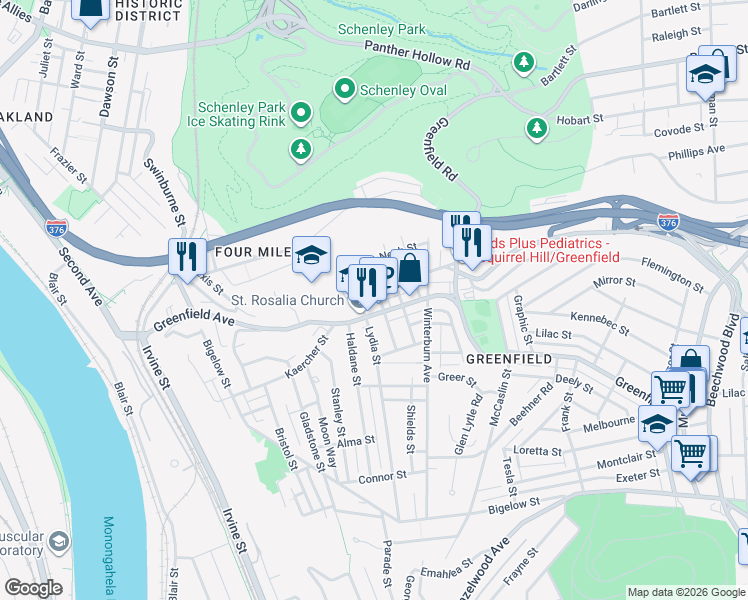 map of restaurants, bars, coffee shops, grocery stores, and more near 3925 Lydia Street in Pittsburgh