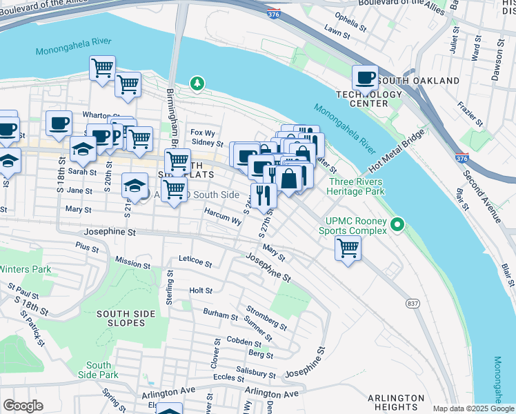 map of restaurants, bars, coffee shops, grocery stores, and more near 2619 Sarah Street in Pittsburgh