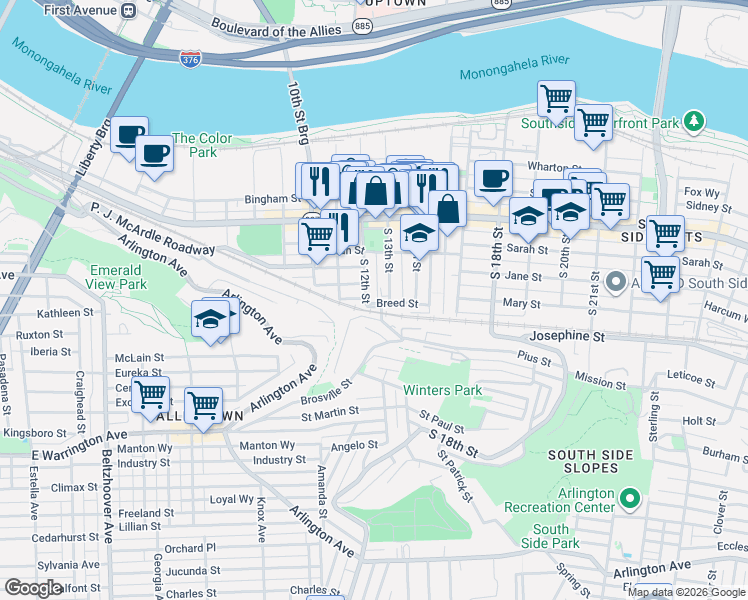 map of restaurants, bars, coffee shops, grocery stores, and more near 34 Enon Way in Pittsburgh