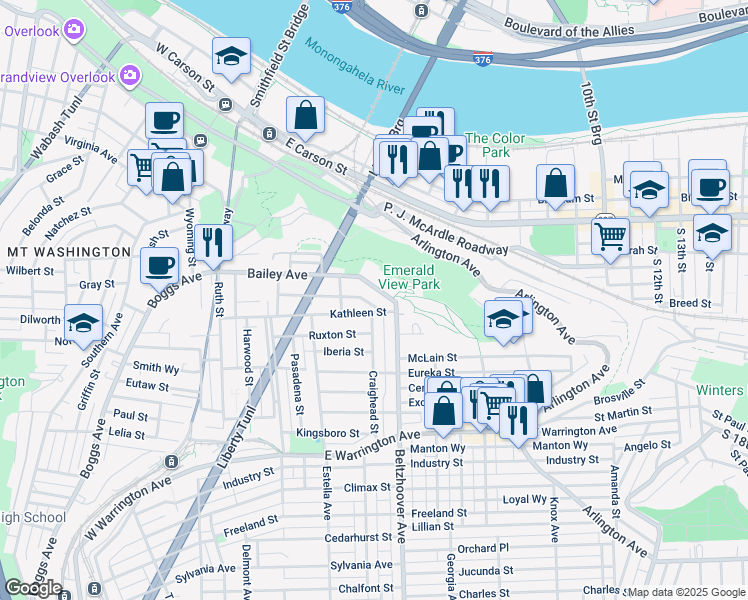map of restaurants, bars, coffee shops, grocery stores, and more near 427 Bailey Avenue in Pittsburgh