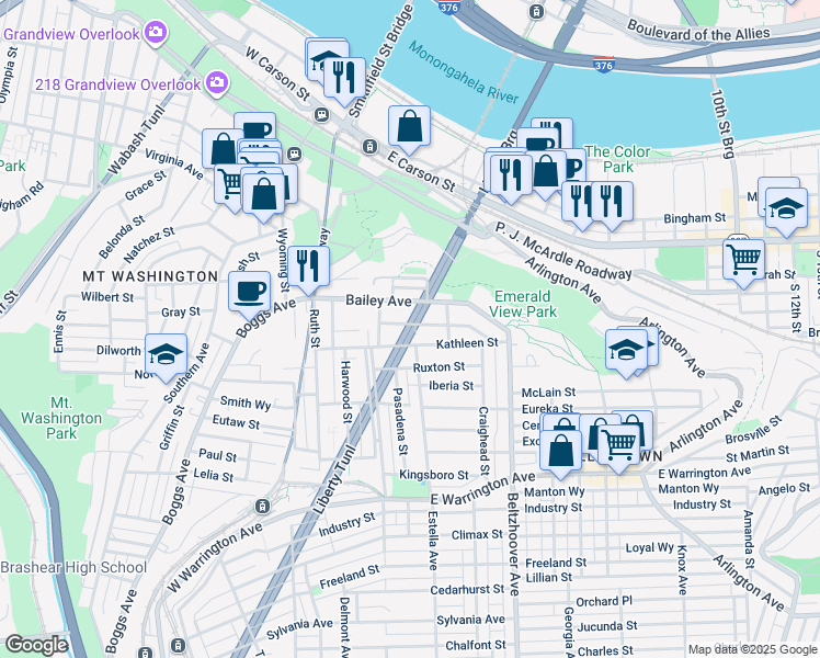 map of restaurants, bars, coffee shops, grocery stores, and more near 335 Kambach Street in Pittsburgh