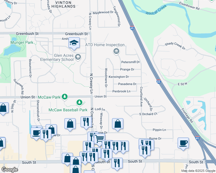 map of restaurants, bars, coffee shops, grocery stores, and more near 827 Woodmere Dr in Lafayette