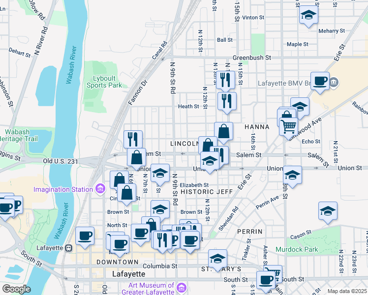 map of restaurants, bars, coffee shops, grocery stores, and more near 922 North 10th Street in Lafayette
