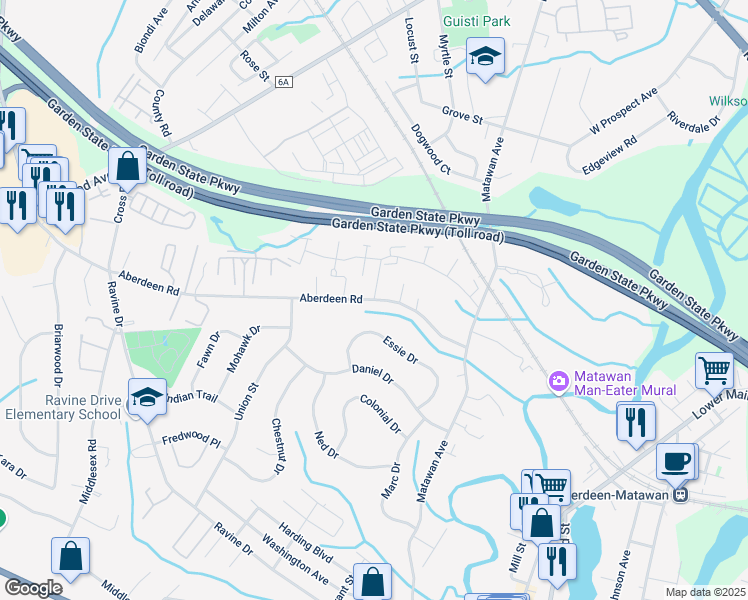 map of restaurants, bars, coffee shops, grocery stores, and more near Aberdeen Road & Sutton Place in Matawan