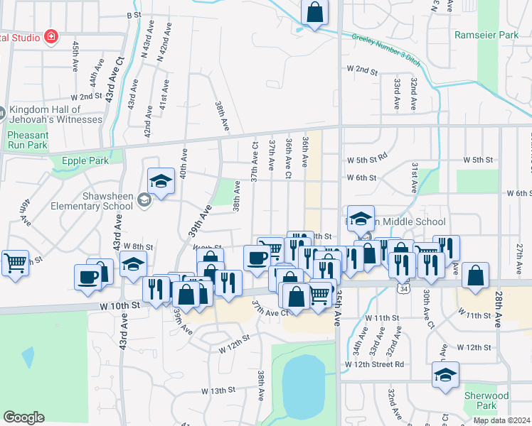 map of restaurants, bars, coffee shops, grocery stores, and more near 632 37th Avenue in Greeley