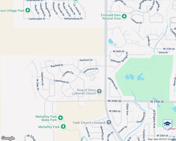 map of restaurants, bars, coffee shops, grocery stores, and more near 2980 Tabernash Drive in Loveland