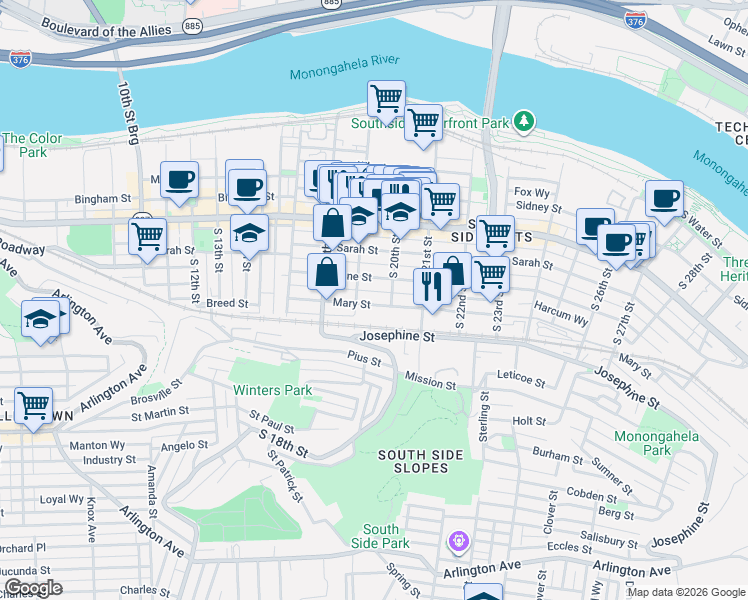 map of restaurants, bars, coffee shops, grocery stores, and more near 1919 Harcum Way in Pittsburgh