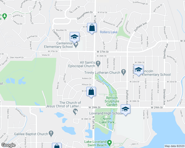 map of restaurants, bars, coffee shops, grocery stores, and more near 3375 North Taft Avenue in Loveland