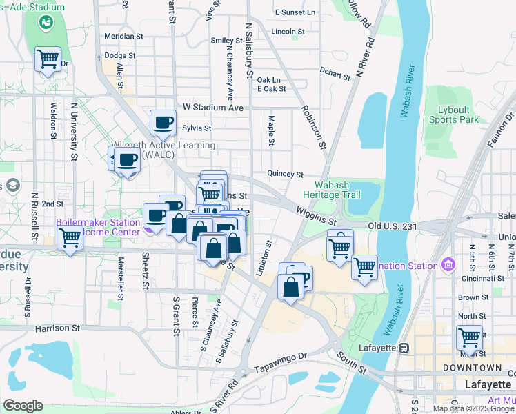 map of restaurants, bars, coffee shops, grocery stores, and more near 310 North Salisbury Street in West Lafayette