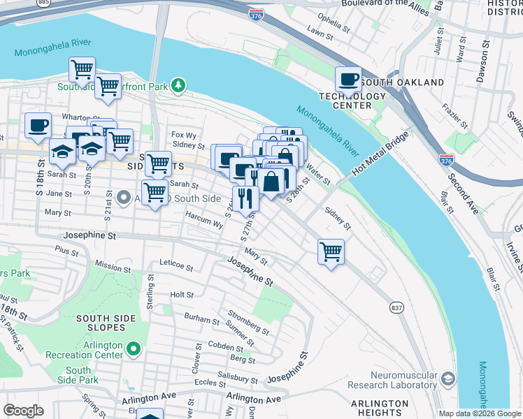 map of restaurants, bars, coffee shops, grocery stores, and more near 2724 East Carson Street in Pittsburgh